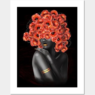 Black and white girl with color beautiful flowers in her head. Posters and Art